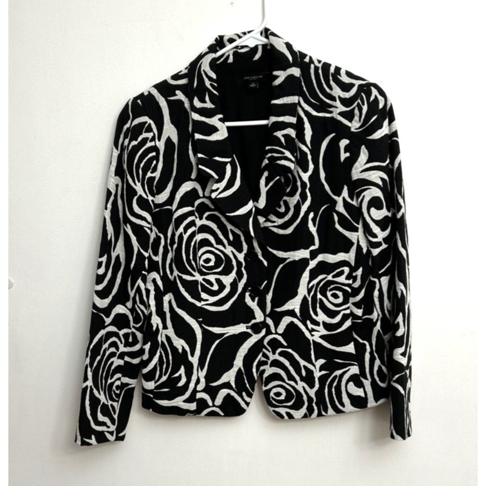 Ann Taylor Coat Jacket Blazer Size 8 Black White Floral 3 Button Neutral Artsy